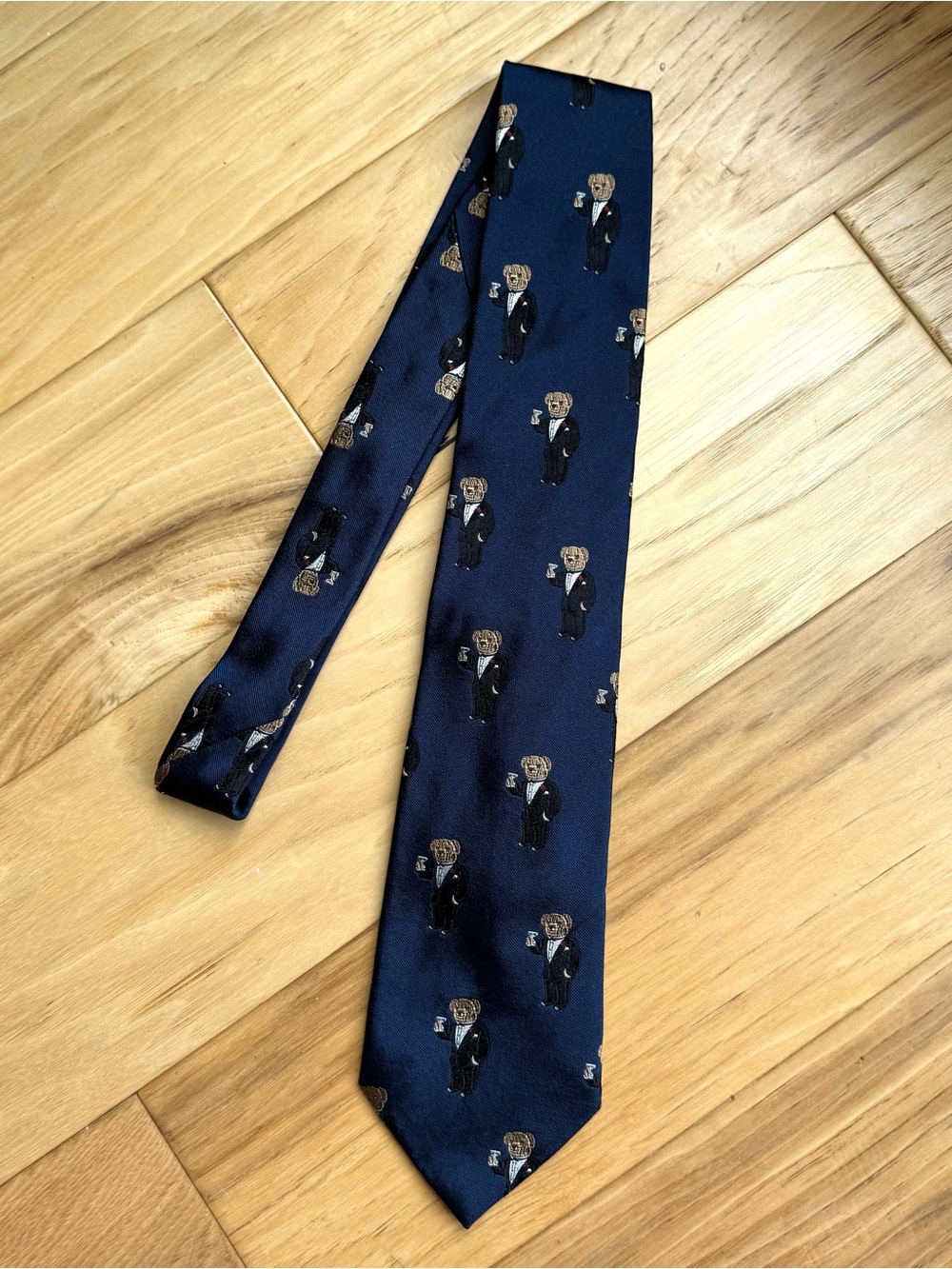 Polo Ralph Lauren Tuxedo Martini Bear Silk Necktie Navy Blue Luxury Silk Italy